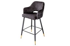 Design Barhocker PARIS grau Samt mit Lehne Metall schwarz gold Ziersteppung