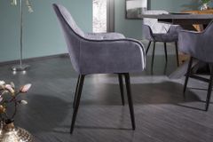 Design Stuhl MILANO grau Samt mit Armlehne Ziersteppung gepolstert schwarze Metallbeine