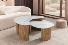 2er Set Couchtische OSAKA 120cm weiß Marmor Keramik natur Eiche