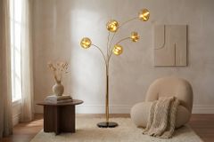 Design Stehlampe LIQUID DIAMOND 200cm gold fünf Glasschirme mit Marmorfuß