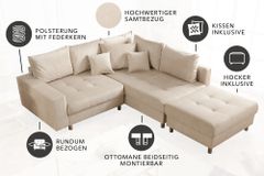 Moderne Wohnlandschaft KENT 220cm champagner beige Vogue Velours Samt Federkern mit Hocker