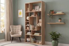 Massives Bücherregal CUBUS 180cm natur Mangoholz cream finish elf Fächer