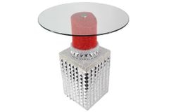 Handgefertigter Bistrotisch LIPSTICK 75cm rot silber runde Tischplatte Glas