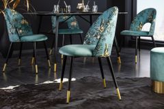 Design Stuhl PRÊT-À-PORTER türkis Samt florales Muster und goldene Fußkappen