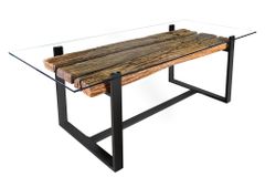 Design Glas Esstisch BARRACUDA 220cm natur Teak Massivholz schwarz Kufengestell