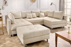 XXL Wohnlandschaft KENT 305cm champagner beige Vogue Velours Samt Federkern mit Hocker