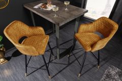 Design Barhocker PARIS senfgelb Samt mit Lehne Metall schwarz gold Ziersteppung