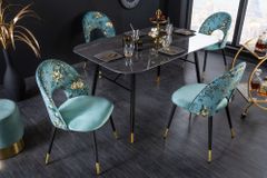 Design Stuhl PRÊT-À-PORTER türkis Samt florales Muster und goldene Fußkappen