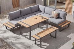 Wetterfestes Gartenmöbel Set TAMPA LOUNGE 250cm grau Aluminium inkl. Sitzbank Tisch Kissen
