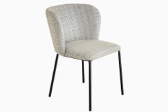 Design Stuhl LYON blau kariert Bouclé schwarze Metallbeine