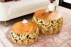 Rundes 2er Set Couchtische ABSTRACT LEAF 70cm natur gold Massivholz Akazie Metall Blatt-Design