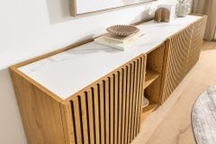 Design Sideboard VICENZA 180cm weiß Keramik natur Eiche Lamellenfront