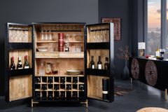 Massiver XXL Barschrank MANDALA 140cm Mangoholz schwarz gold Metallgestell Schnitzerei