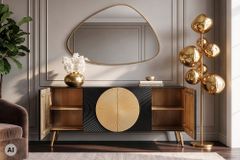 Massives Sideboard AURUM 180cm schwarz Mangoholz mit ikonischem Gold-Element