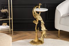 Runder Beistelltisch WILDLIFE PEACOCK 75cm gold antik weiß Metall Marmor Pfauen-Skulptur