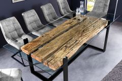 Design Glas Esstisch BARRACUDA 220cm natur Teak Massivholz schwarz Kufengestell