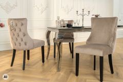 Chesterfield Stuhl CASTLE DELUXE cappuccino Samt mit Löwenkopf Nieten