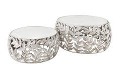 Rundes 2er Set Couchtische ABSTRACT LEAF 70cm weiß silber Marmor Metall Blatt-Design