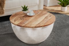 Runder Couchtisch ORIENT STORAGE 60cm silber Akazienholz mit Stauraum Hammerschlag handmade