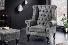 Design Ohrensessel CHESTERFIELD 105cm grau Samt silber Nieten