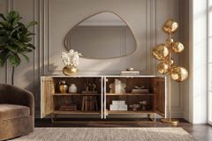Massives Sideboard SCORPION 180cm weiß Mangoholz gold Metall 3D-Schnitzereien