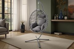 In- und Outdoor Hängesessel IBIZA anthrazit Rattan mit Gestell wetterfest inkl. Kissen