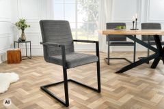 Industrial Freischwinger LOFT grau Cord schwarz Eisen mit Armlehne