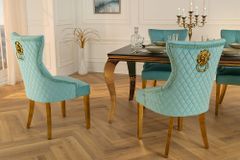 Barock Stuhl CASTLE DELUXE blau Samt gold Edelstahl mit Löwenkopf Chesterfield
