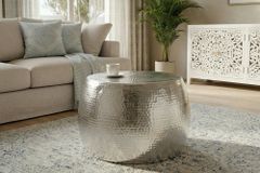 Runder Couchtisch ORIENT 60cm silber Metall Aluminium Hammerschlag Design handmade