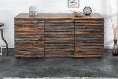 Massivholz Sideboard RELIEF 160cm Sheesham grau smoke finish Kommode mit Schubladen