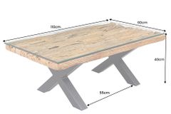 Massiver Couchtisch BARRACUDA 110cm antik natur Teakholz X-Gestell Glasplatte