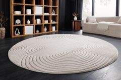 Runder 3D strukturierter Kurzflor Teppich ART DECO 230cm beige creme Hoch-Tief-Effekt