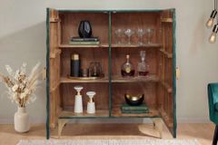 Massives Highboard GOLDEN SUNSET 120cm türkis gold Mangoholz mit 3D Schnitzereien