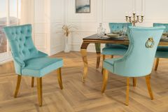 Chesterfield Stuhl CASTLE blau Samt goldene Edelstahlbeine mit Komfortgriff