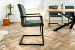 Industrial Freischwinger LOFT grün Cord schwarz Eisen mit Armlehne