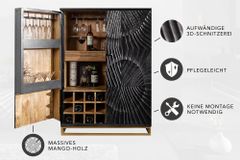 Massiver Barschrank SCORPION 141cm schwarz Mangoholz mit 3D Schnitzereien