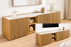Design Lowboard VICENZA 180cm weiß Keramik natur Eiche Lamellenfront