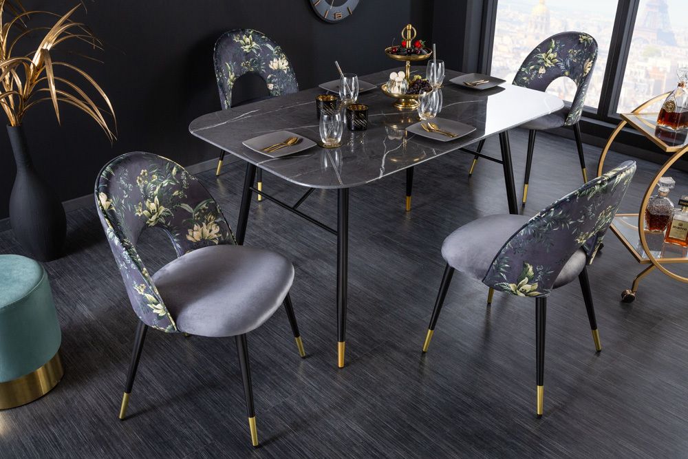 Design Stuhl PRÊT-À-PORTER grau Samt florales Muster und goldene Fußkappen