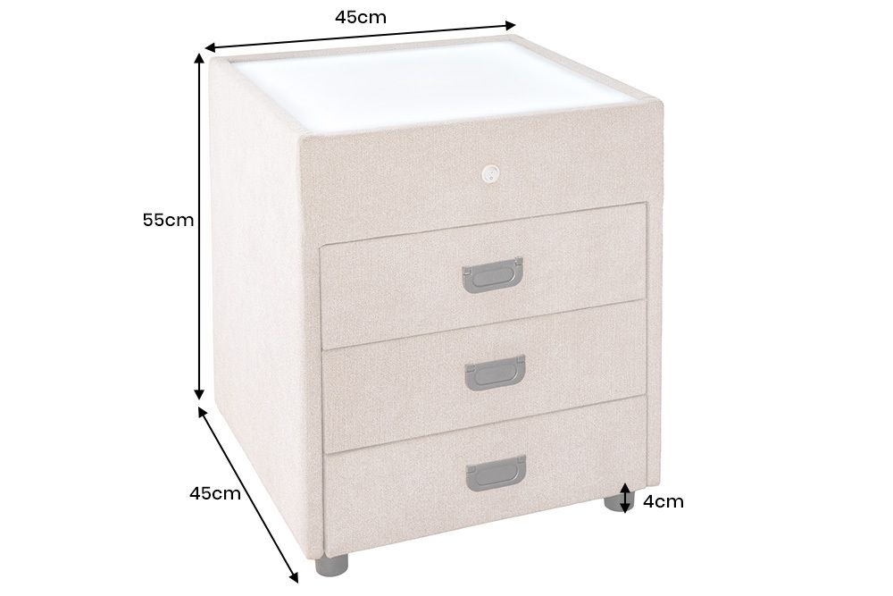 Quadratischer Nachttisch TOULOUSE 55cm beige Samt inkl. Beleuchtung und Schubladen