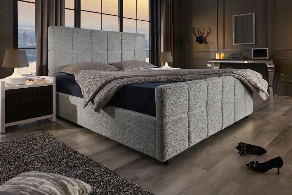 Modernes Boxbett PRESTIGE 180x200cm grau Bouclé mit Stauraum und Lattenrost