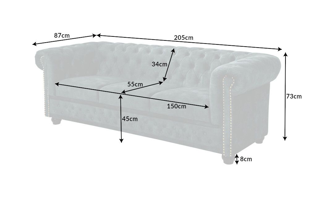 Chesterfield 3-Sitzer Sofa 205cm petrol Samt Federkern Goldnieten Knopfheftung