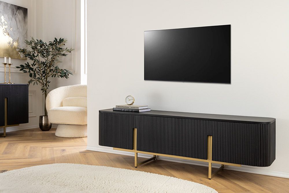 Massives TV-Board GATSBY 160cm schwarz gold Mangoholz Retro Lowboard