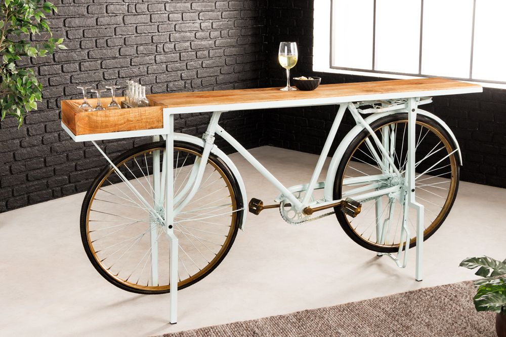 Retro Konsolentisch BICYCLE 190cm salbei natur Mangoholz Fahrrad Bartisch Upcycling