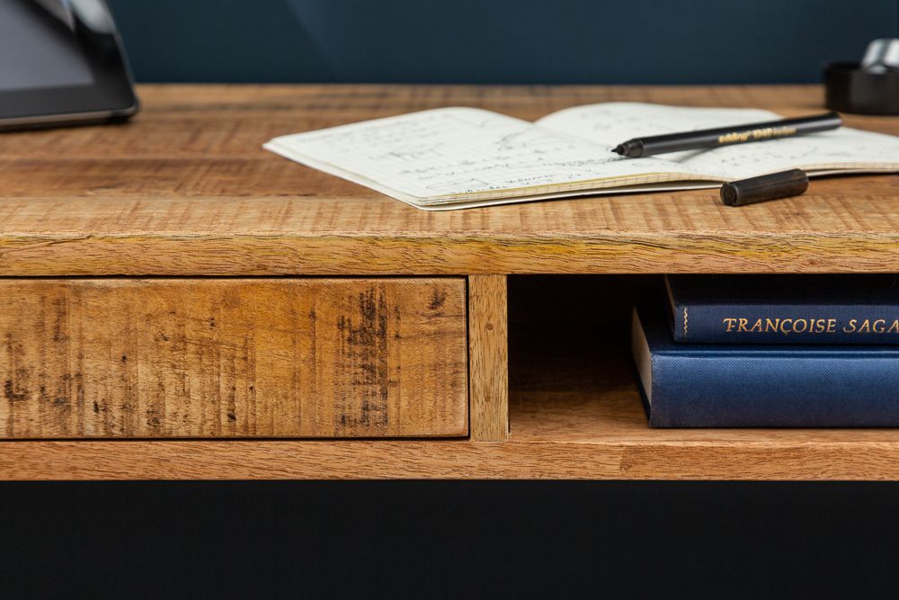Massiver Schreibtisch RETRO 120cm Mangoholz Bürotisch mit Schublade