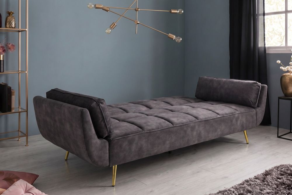 Retro Schlafsofa BOUTIQUE 215cm dunkelgrau Samt 3-Sitzer mit goldenen Füßen