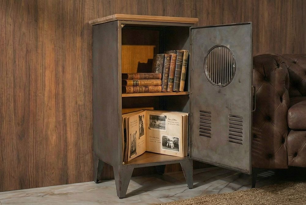 Industrial Schrank NAUTILUS 85cm natur grau Metall Massivholz Vintage Spind
