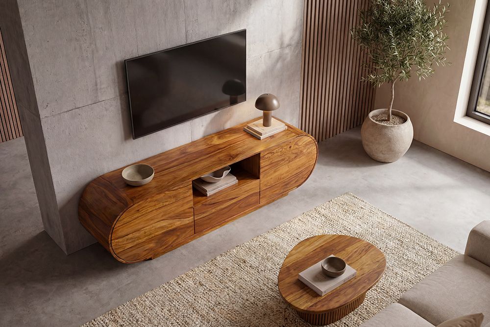 Massives TV-Board ORGANIKO 160cm braun Sheeshamholz stone finish ovales Lowboard