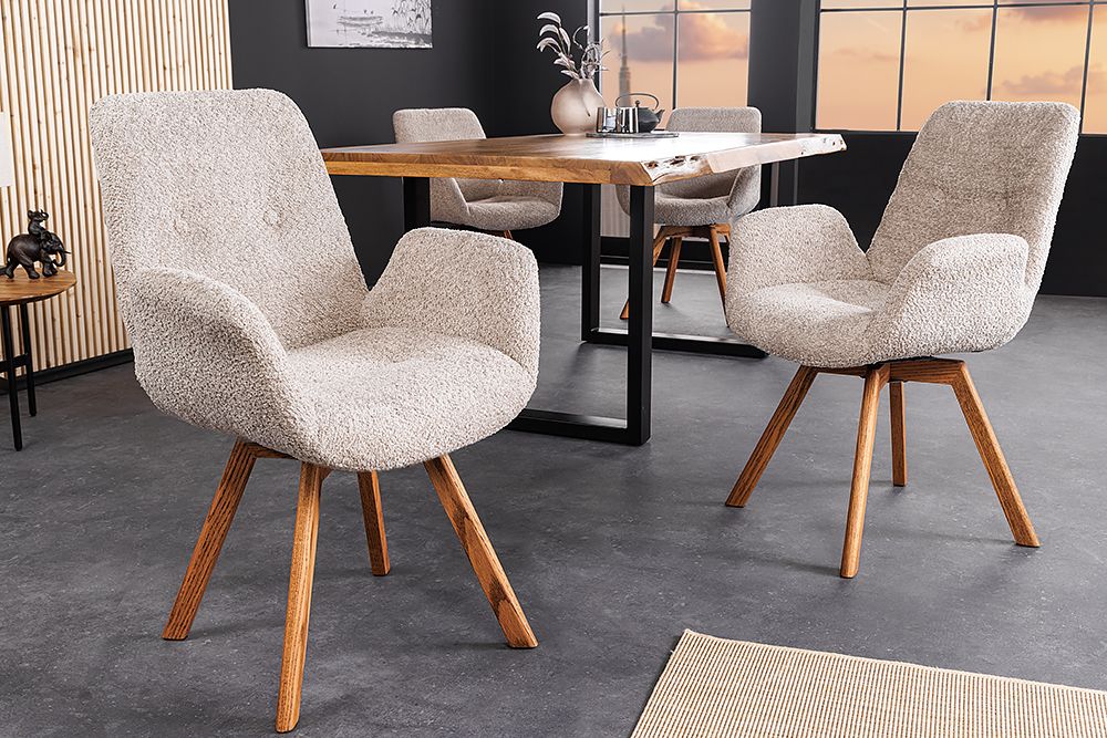 Drehbarer Design Stuhl BALTIC beige Bouclé natur Eiche Massivholz-Beine mit Armlehne