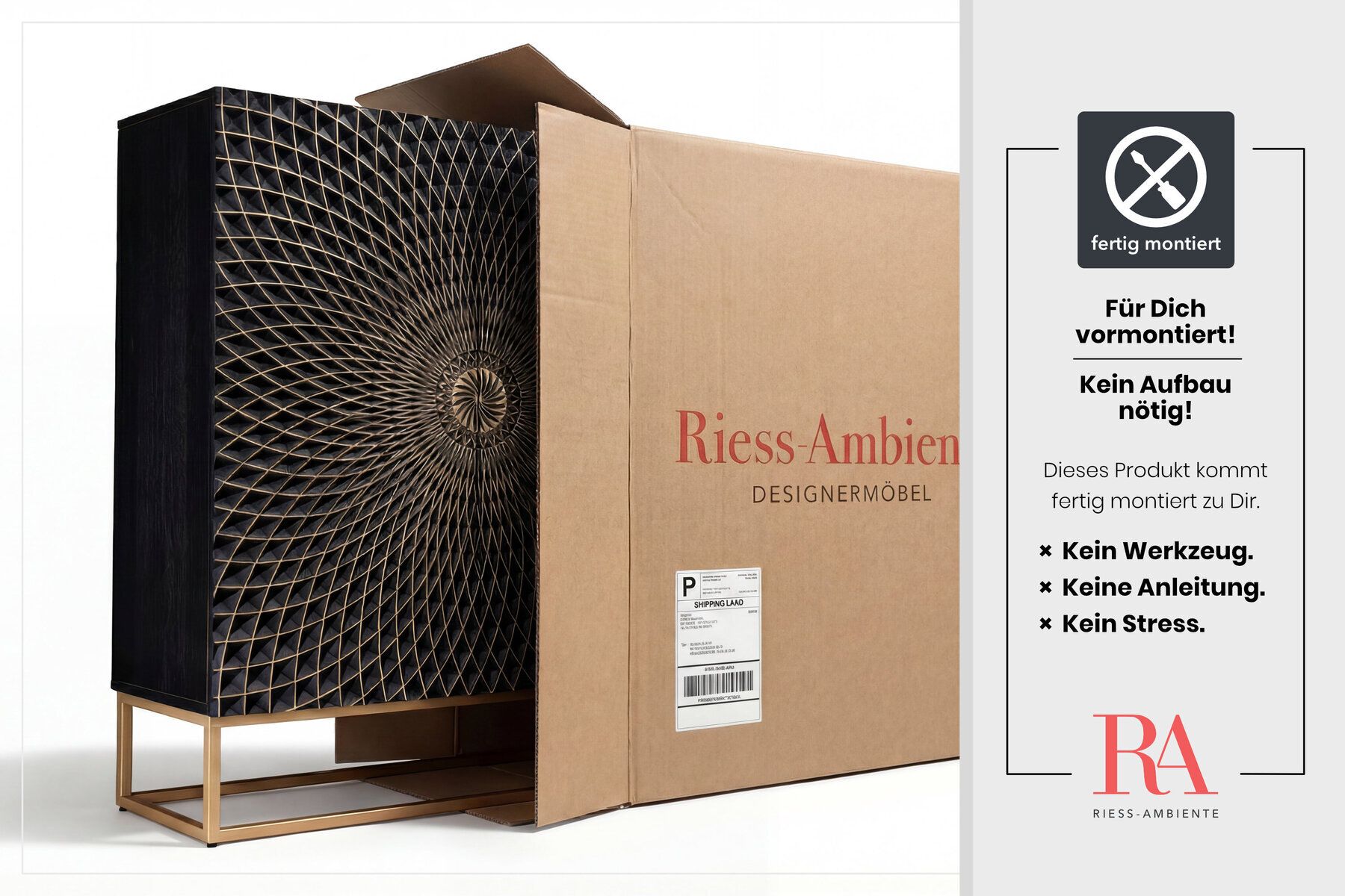 Design Highboard ILLUSION 120cm schwarz Mangoholz Massivholz mit 3D Schnitzereien gold Eisen Metallgestell