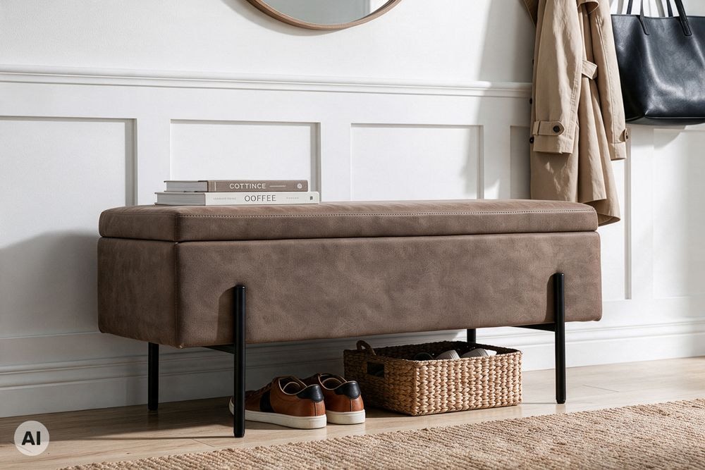 Truhenbank LOFT 100cm antik taupe Microfaser Sitzbank mit Stauraum Metall schwarz